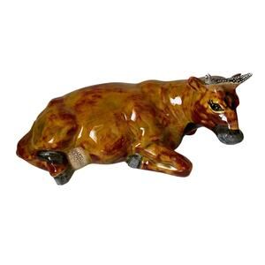 Ceramic Bull Laying Down Brown Marked Property Herb Caldwell 12"